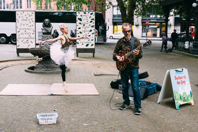 Street ballet accompanied by jazz guitar. Seattle, WA. June 2017.